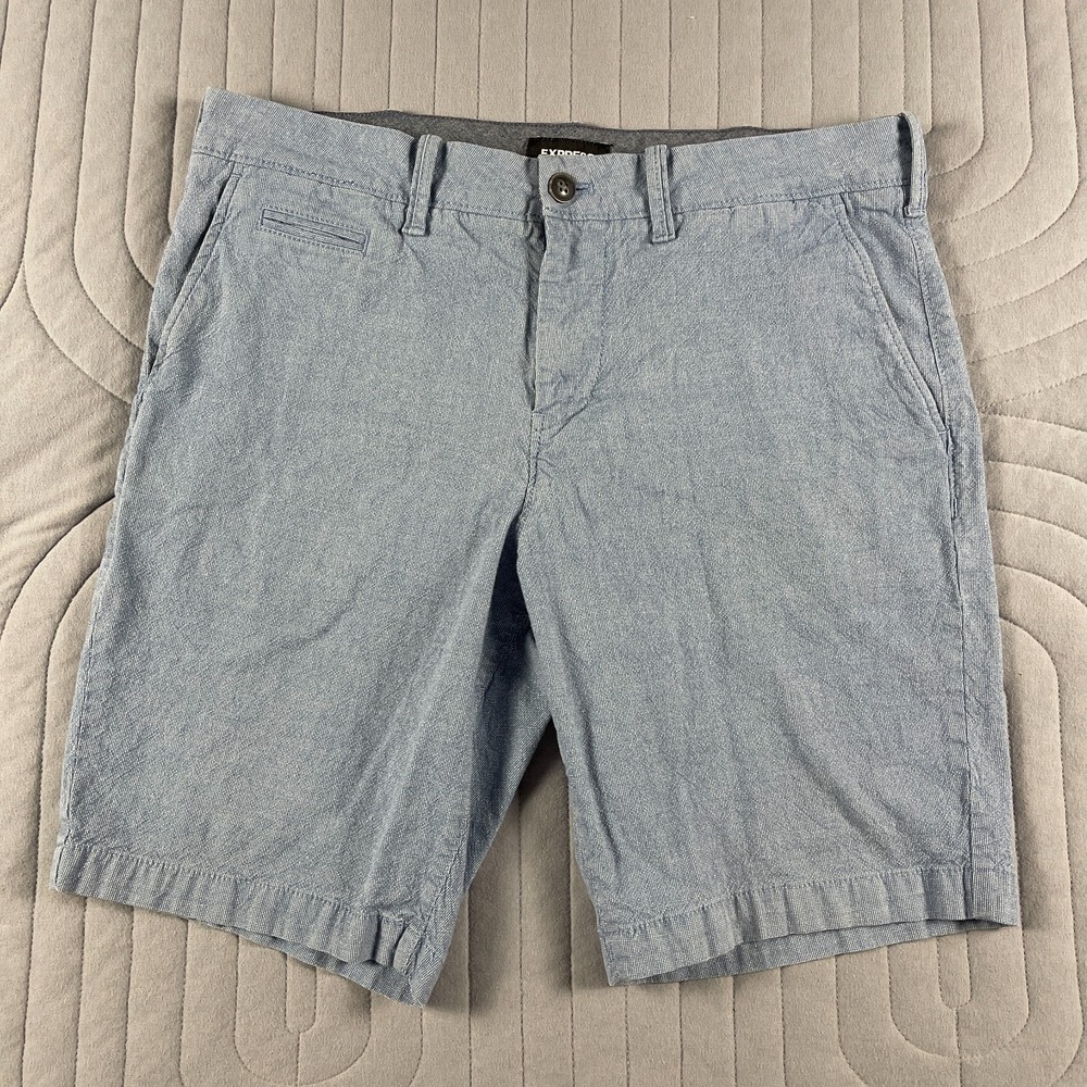 Express Chino Shorts Mens Size 34 Classic At The Knee 10" Inseam Stretch Blue